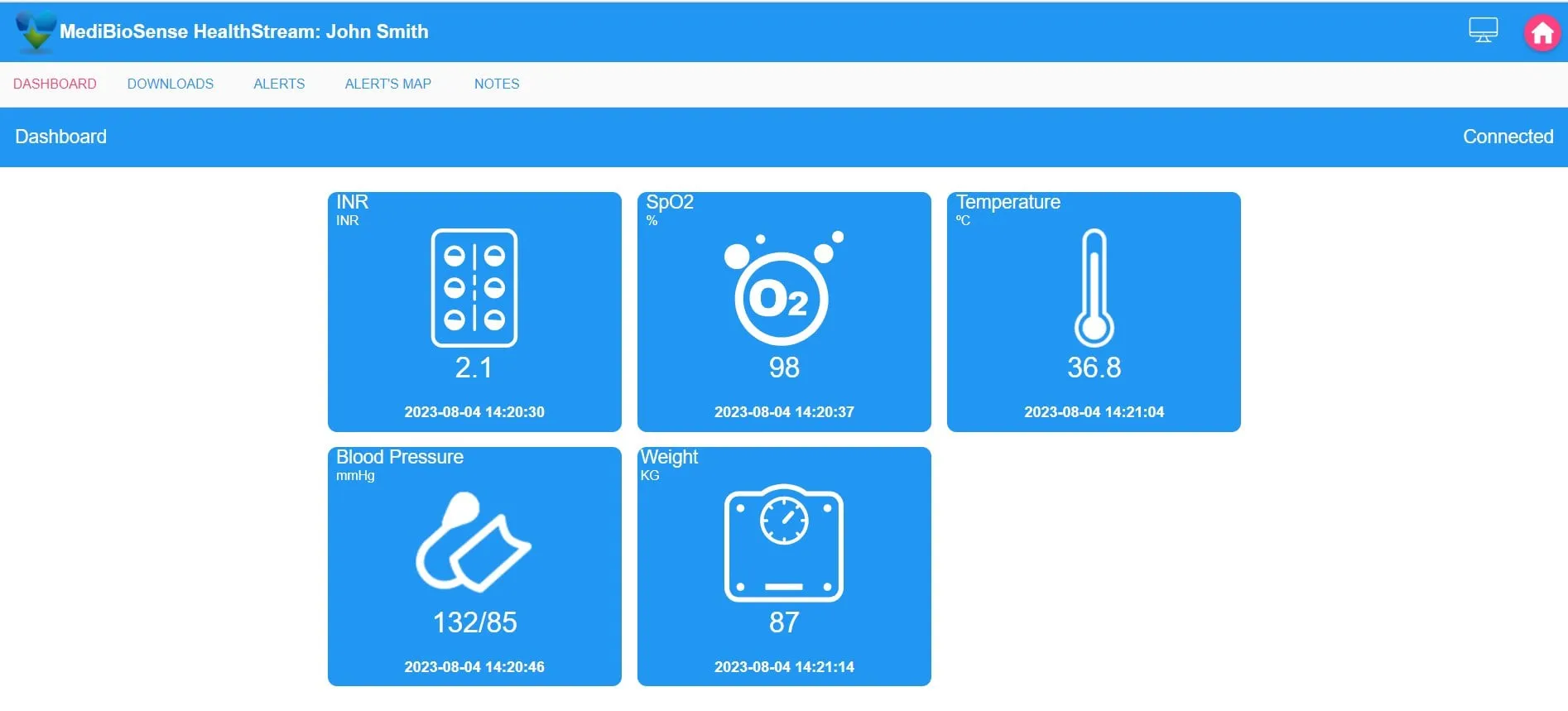 The MBS HealthStream clinician dashboard showing live patient vitals