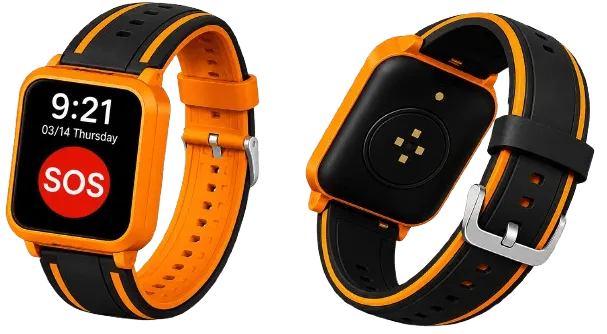 The MBS Infinity watch in orange, shown front and back