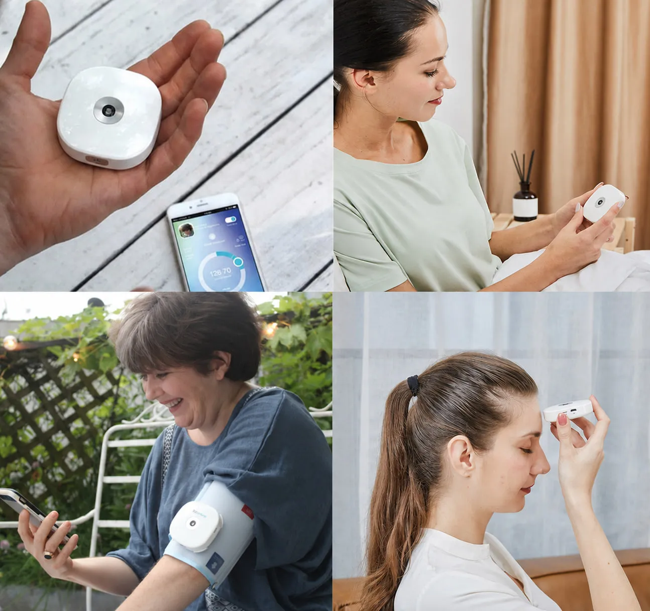 The MBS LifeStone six-in-one monitor: held in the hand beside the phone app, taking a blood pressure reading with the cuff, and taking a forehead temperature reading